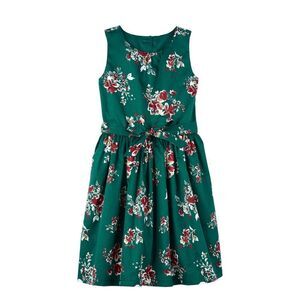 Carters Girls Green Floral Sateen Dress, Size 6/6x